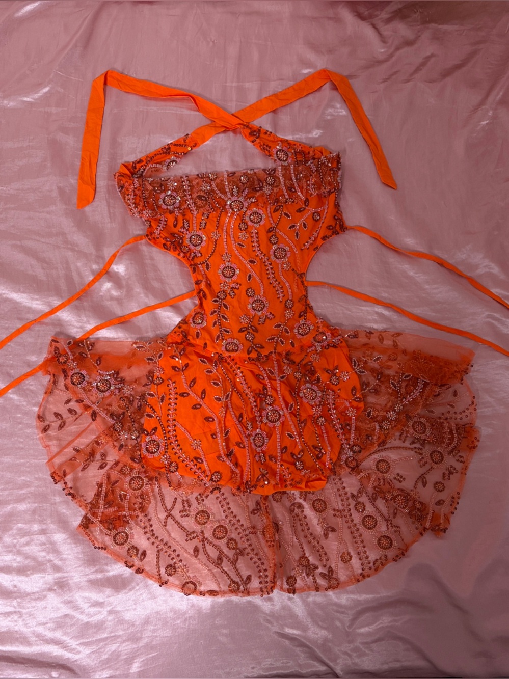 SHEIN Orange Beaded Embellished Backless Mini Dress